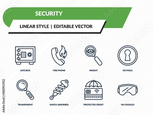 security icons set - safe box, fire phone, insight, protected credit card, ski goggles outline vector collection.