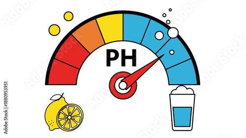 A colorful vector graphic illustrating a pH level gauge with lemon and soda
