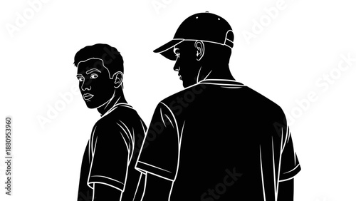 A minimalist vector illustration of two men in silhouette against a white background