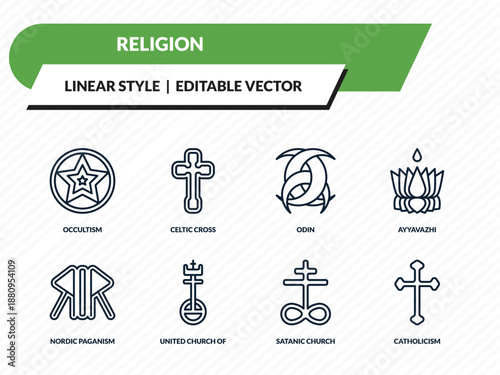 religion icons set - occultism, celtic cross, odin, satanic church, catholicism outline vector collection.
