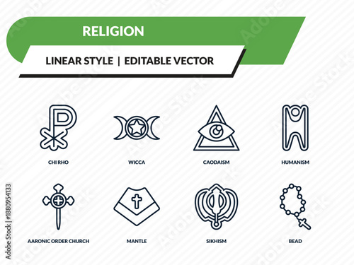 religion icons set - chi rho, wicca, caodaism, sikhism, bead outline vector collection.