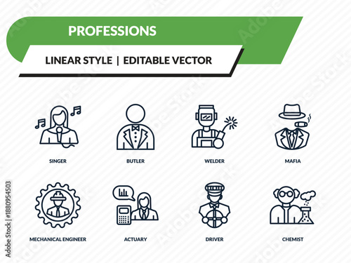 professions icons set - singer, butler, welder, driver, chemist outline vector collection.