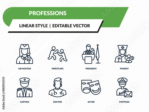 professions icons set - air hostess, wrestling, president, actor, postman outline vector collection.