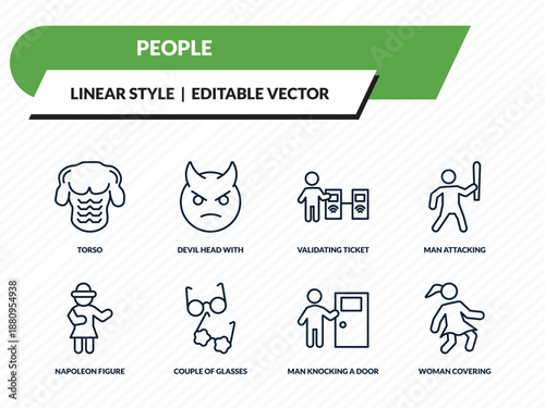 people icons set - torso, devil head with horns, validating ticket, man knocking a door, woman covering outline vector collection.