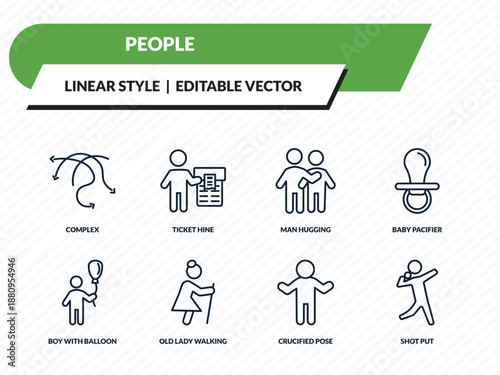 people icons set - complex, ticket hine, man hugging, crucified pose, shot put outline vector collection.