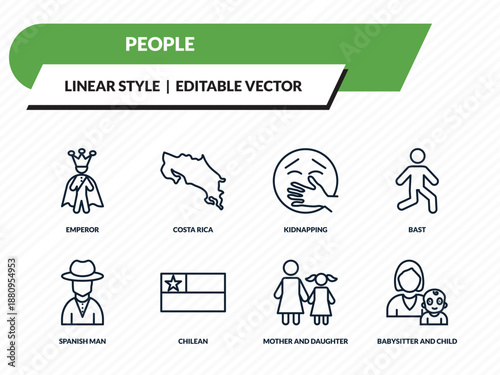 people icons set - emperor, costa rica, kidnapping, mother and daughter, babysitter and child outline vector collection.