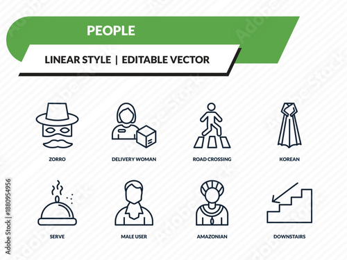people icons set - zorro, delivery woman, road crossing, amazonian, downstairs outline vector collection.