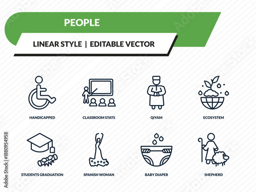 people icons set - handicapped, classroom stats, qiyam, baby diaper, shepherd outline vector collection.