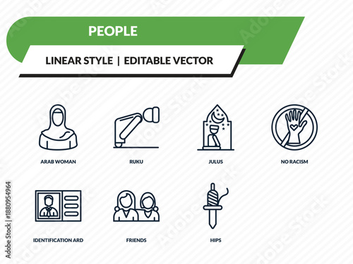 people icons set - arab woman, ruku, julus, hips, spindle outline vector collection.
