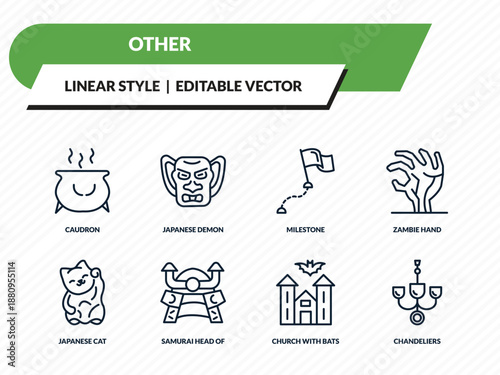other icons set - caudron, japanese demon, milestone, church with bats, chandeliers outline vector collection.