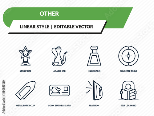 other icons set - star prize, arabic jar, kilograms, flatiron, self learning outline vector collection.