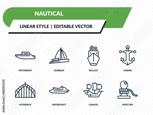 nautical icons set - motorboat, gunboat, ballast, caravel, rope tied outline vector collection.