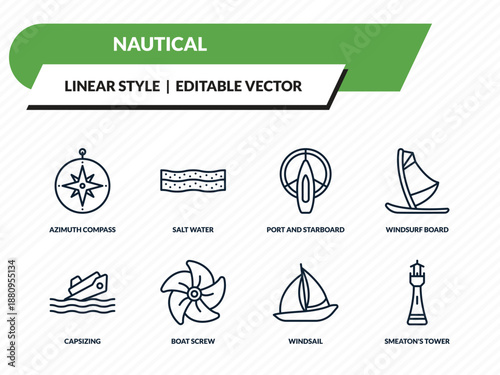 nautical icons set - azimuth compass, salt water, port and starboard, windsail, smeaton's tower outline vector collection.