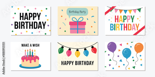 Happy Birthday greetings cards with festive decorations and messages