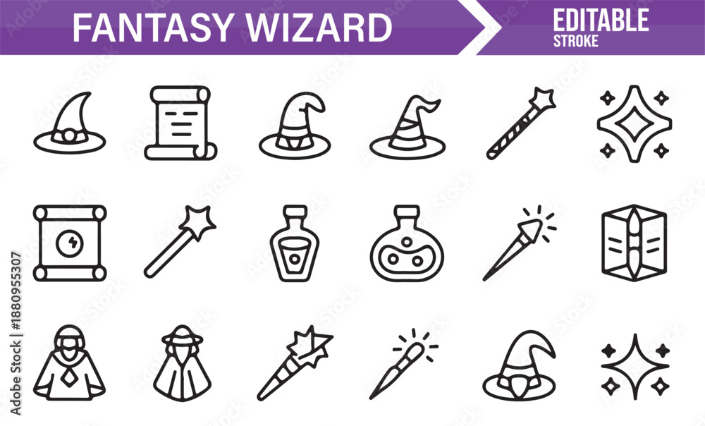 Fototapeta premium Fantasy spellcasting and wizard symbols editable icon pack