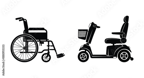 A detailed side view showcasing two mobility devices a manual wheelchair and electric scooter presented in a striking silhouette high quality