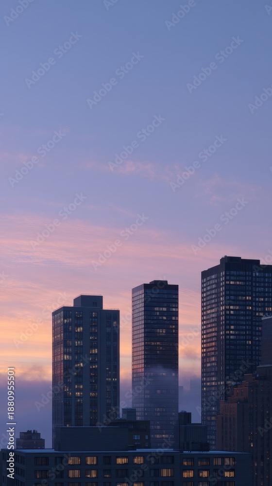 Obraz premium Modern High Rise Towers Emerging Through Mist at Dawn in Urban Landscape