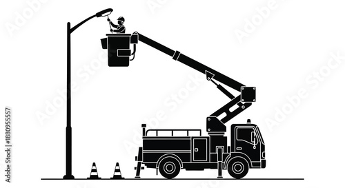 A detailed depiction of a utility truck equipped with a bucket lift working on a street light presented as a silhouette