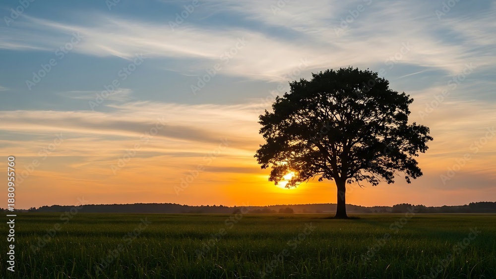 Obraz premium Silhouette of a Tree at Sunset with Golden Light and Open Field.