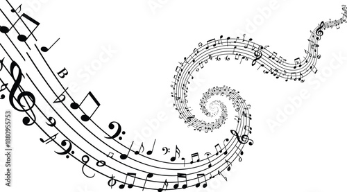 Abstract musical notes swirl vector illustration featuring flowing music staff treble clef melody wave artistic sound design