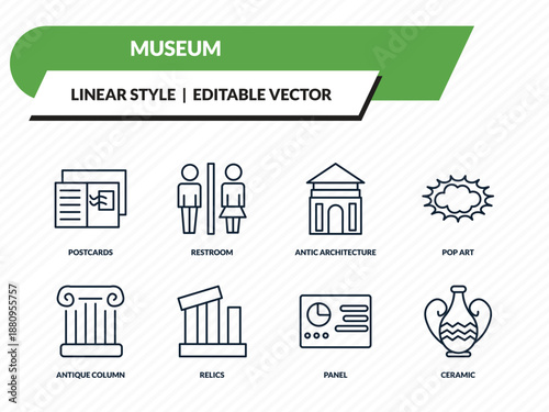 museum icons set - postcards, restroom, antic architecture, panel, ceramic outline vector collection.
