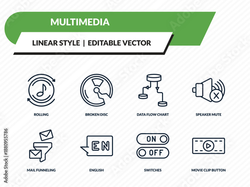 multimedia icons set - rolling, broken disc, data flow chart, switches, movie clip button outline vector collection.