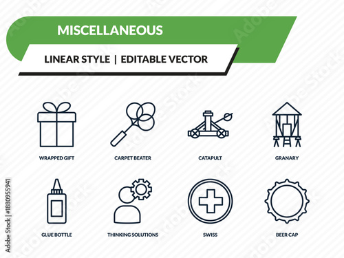 miscellaneous icons set - wrapped gift, carpet beater, catapult, swiss, beer cap outline vector collection.