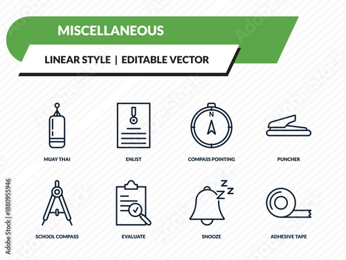 miscellaneous icons set - muay thai, enlist, compass pointing north, snooze, adhesive tape outline vector collection.
