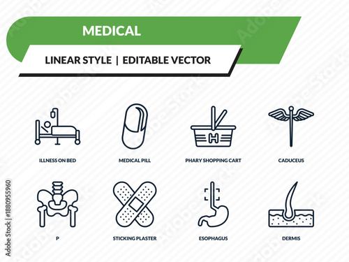 medical icons set - illness on bed, medical pill, phary shopping cart, esophagus, dermis outline vector collection.
