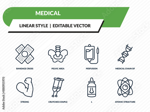 medical icons set - bandage cross, pelvic area, perfusion, l, atomic structure outline vector collection.