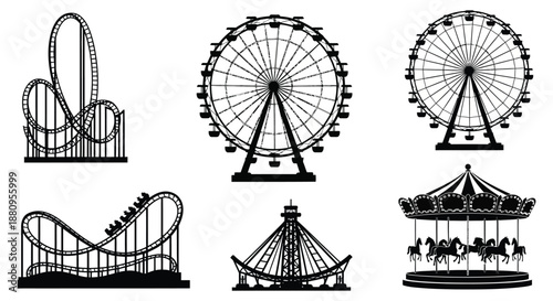 An artistic collection showcases iconic amusement park rides in a monochromatic style capturing the joy and excitement of entertainment silhouette