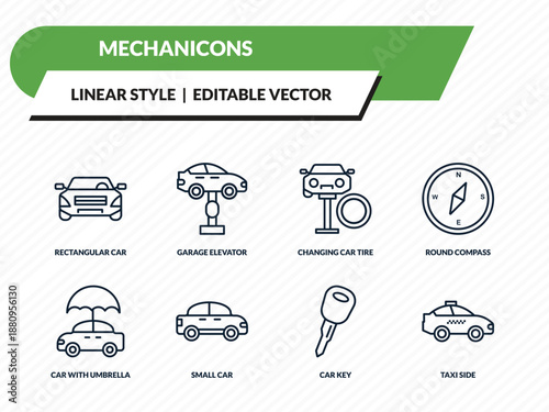mechanicons icons set - rectangular car, garage elevator, changing car tire, car key, taxi side outline vector collection.