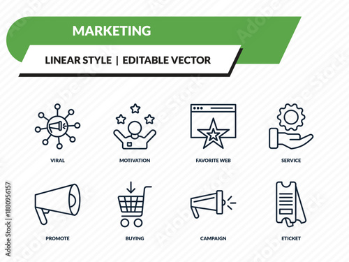 marketing icons set - viral, motivation, favorite web, campaign, eticket outline vector collection.