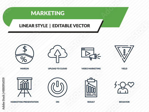 marketing icons set - margin, upload to cloud, video marketing, result, behavior outline vector collection.