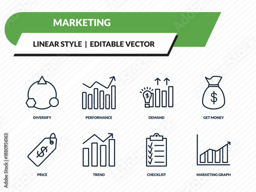 marketing icons set - diversify, performance, demand, checklist, marketing graph outline vector collection.