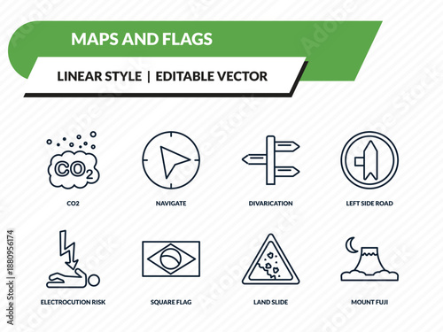 maps and flags icons set - co2, navigate, divarication, land slide, mount fuji outline vector collection.
