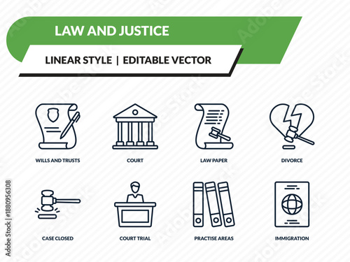 law and justice icons set - wills and trusts, court, law paper, practise areas, immigration outline vector collection.