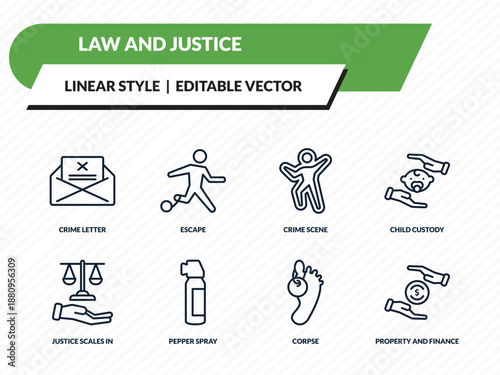 law and justice icons set - crime letter, escape, crime scene, corpse, property and finance outline vector collection.