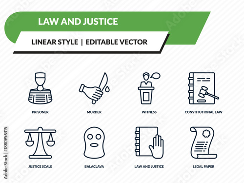 law and justice icons set - prisoner, murder, witness, law and justice, legal paper outline vector collection.
