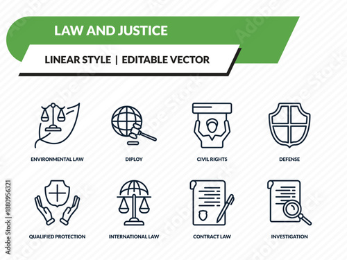 law and justice icons set - environmental law, diploy, civil rights, contract law, investigation outline vector collection.