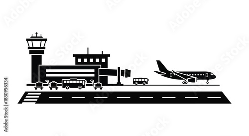 a stylized black and white depiction of an airport featuring a control tower terminal buildings planes and ground vehicles silhouette