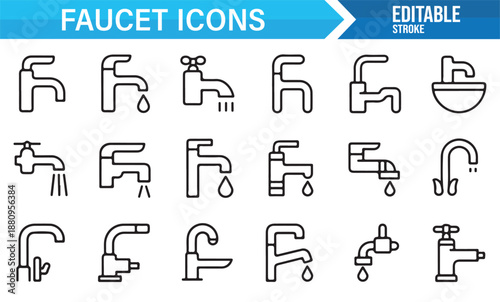 Editable faucet and plumbing fixture icons collection