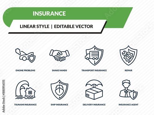 insurance icons set - engine problems, shake hands, transport insurance, delivery insurance, agent outline vector collection.