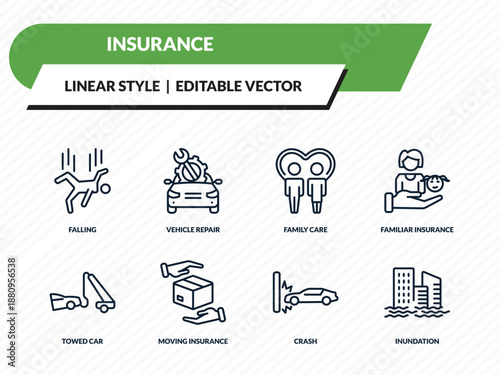 insurance icons set - falling, vehicle repair, family care, crash, inundation outline vector collection.