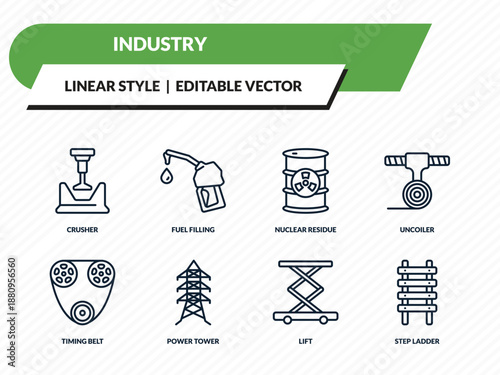 industry icons set - crusher, fuel filling, nuclear residue, lift, step ladder outline vector collection.