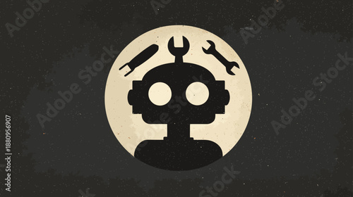 Robot Head Silhouette with Repair Tools Icon. Artificial Intelligence, Automation, Engineering, Maintenance, and Tech Support Concept.
