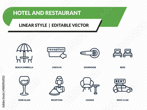 hotel and restaurant icons set - beach umbrella, check in, doorknob, lounge, rent a car outline vector collection.