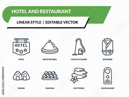 hotel and restaurant icons set - hotel, reception bell, vacuum cleaner, hot stones, door hanger outline vector collection.