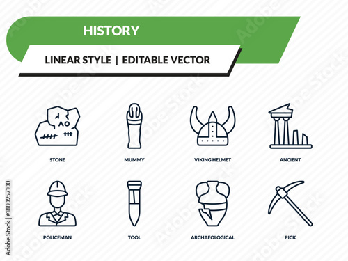 history icons set - stone, mummy, viking helmet, archaeological, pick outline vector collection.
