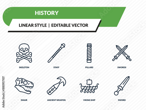history icons set - skeleton, staff, pillars, viking ship, sword outline vector collection.